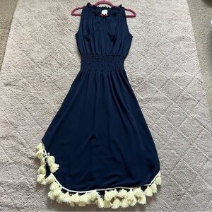 MISA Los Angeles Navy Blue Halter Tie Neck Tassel Hem Maxi Dress Women’s Size XS